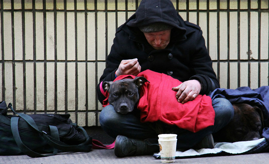 Ein Obdachloser Mann sitzt mit seinem Hund auf der Straße